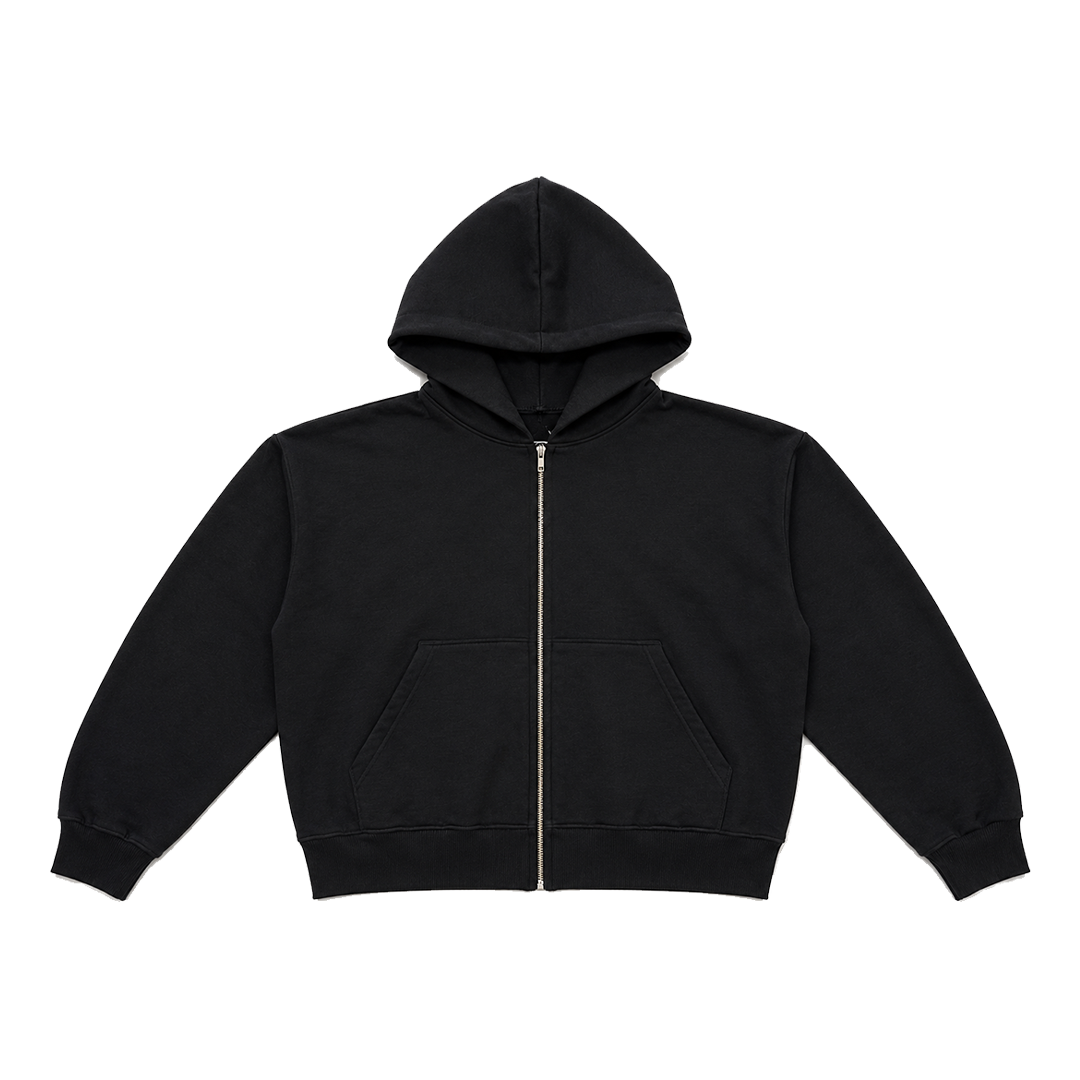 HEAVY FLEECE CROPPED UNISEX ZIP UP HOODIE : BLACK