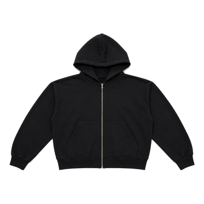 HEAVY FLEECE CROPPED UNISEX ZIP UP HOODIE : BLACK