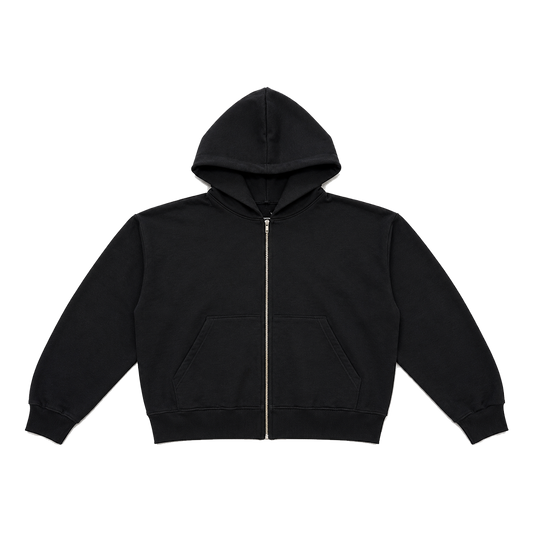 HEAVY FLEECE CROPPED UNISEX ZIP UP HOODIE : BLACK